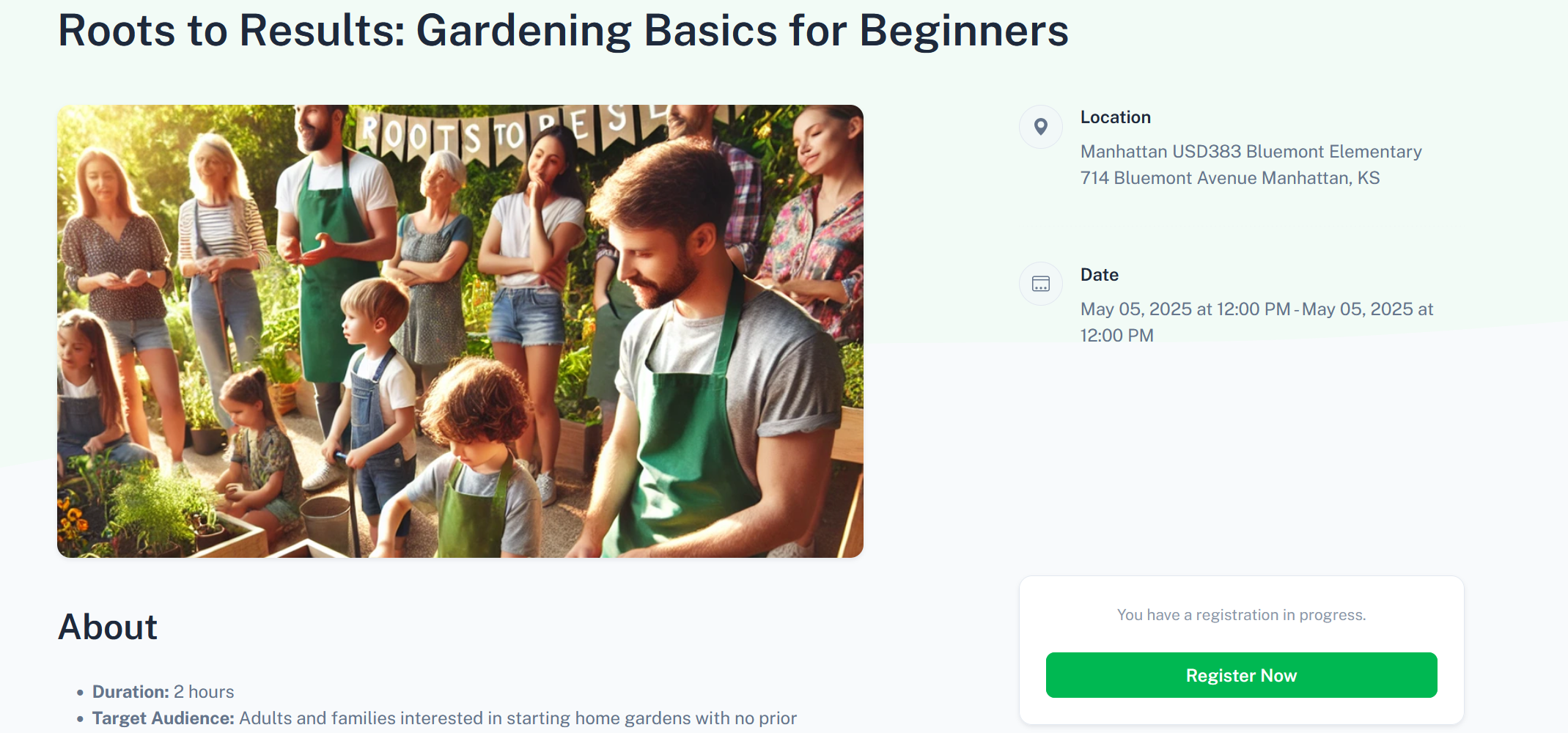 A public PEARS event page for “Roots to Results: Gardening Basics for Beginners”, with the location, date and a Register Now button