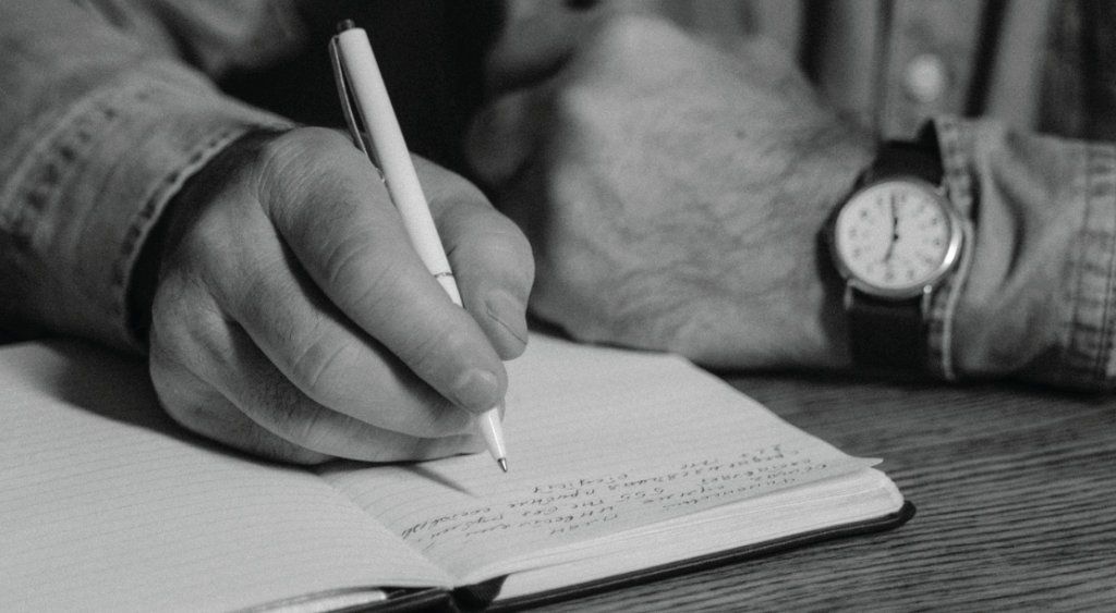 A hand writing in a notebook