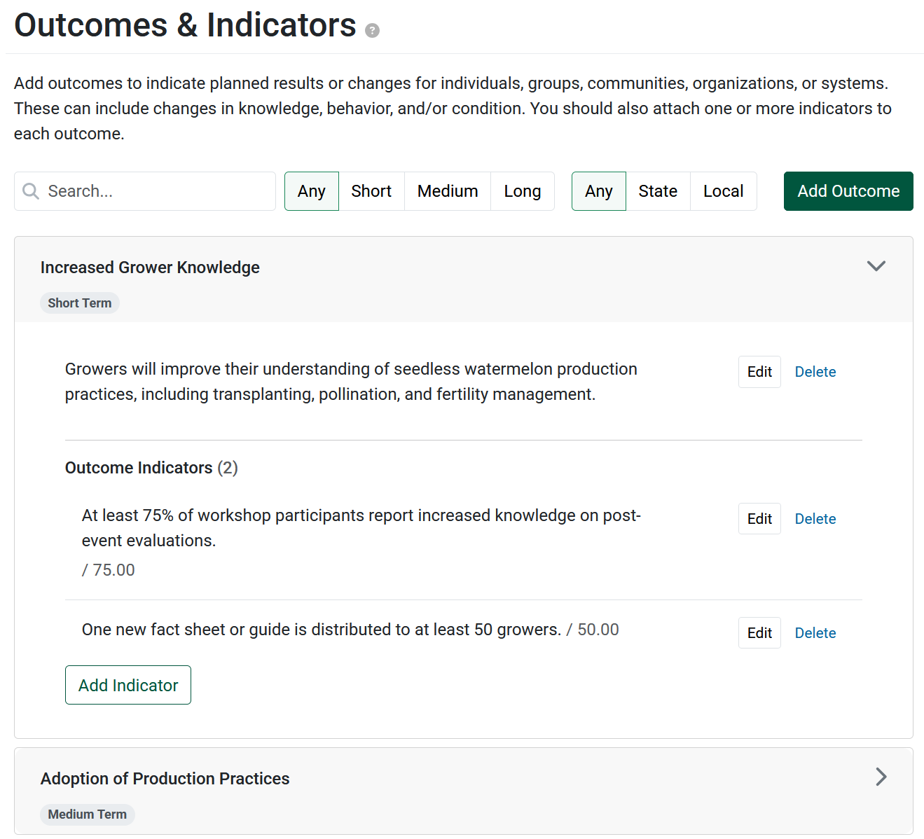 The Outcomes & Indicators step of a PEARS action plan: a short-term outcome on grower knowledge with two outcome indicators