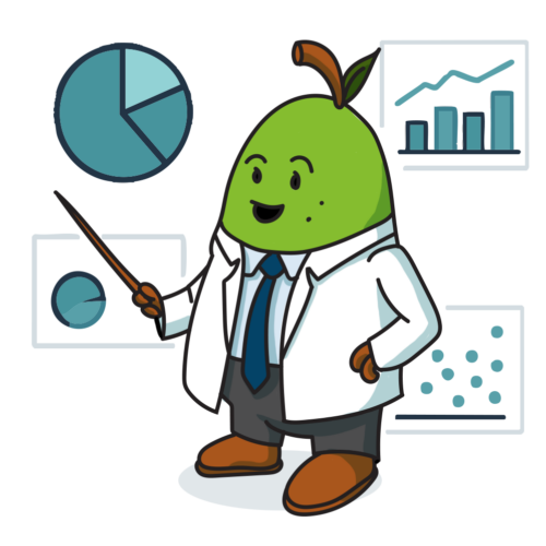 Newton the PEARS pear, in a lab coat, presenting charts