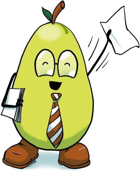 Pearcy, the PEARS mascot, waving a sheet of paper