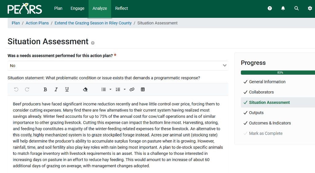 The Situation Assessment step of a PEARS action plan
