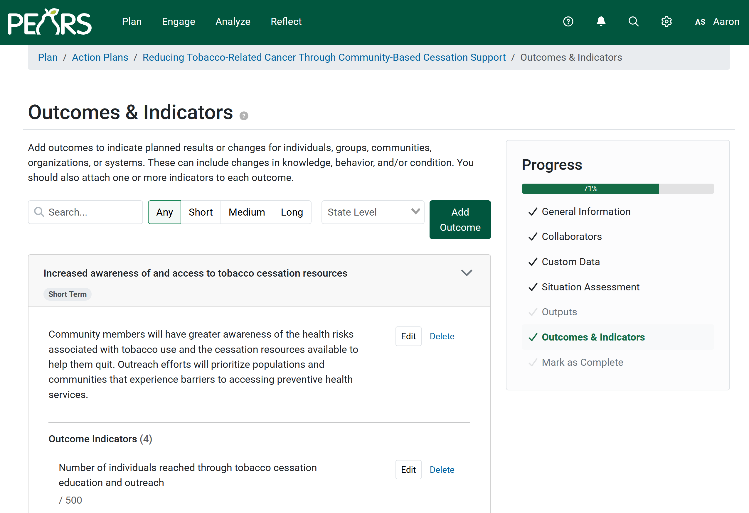 Screenshot of outcomes and indicators for an Action Plan in PEARS about tobacco cessation