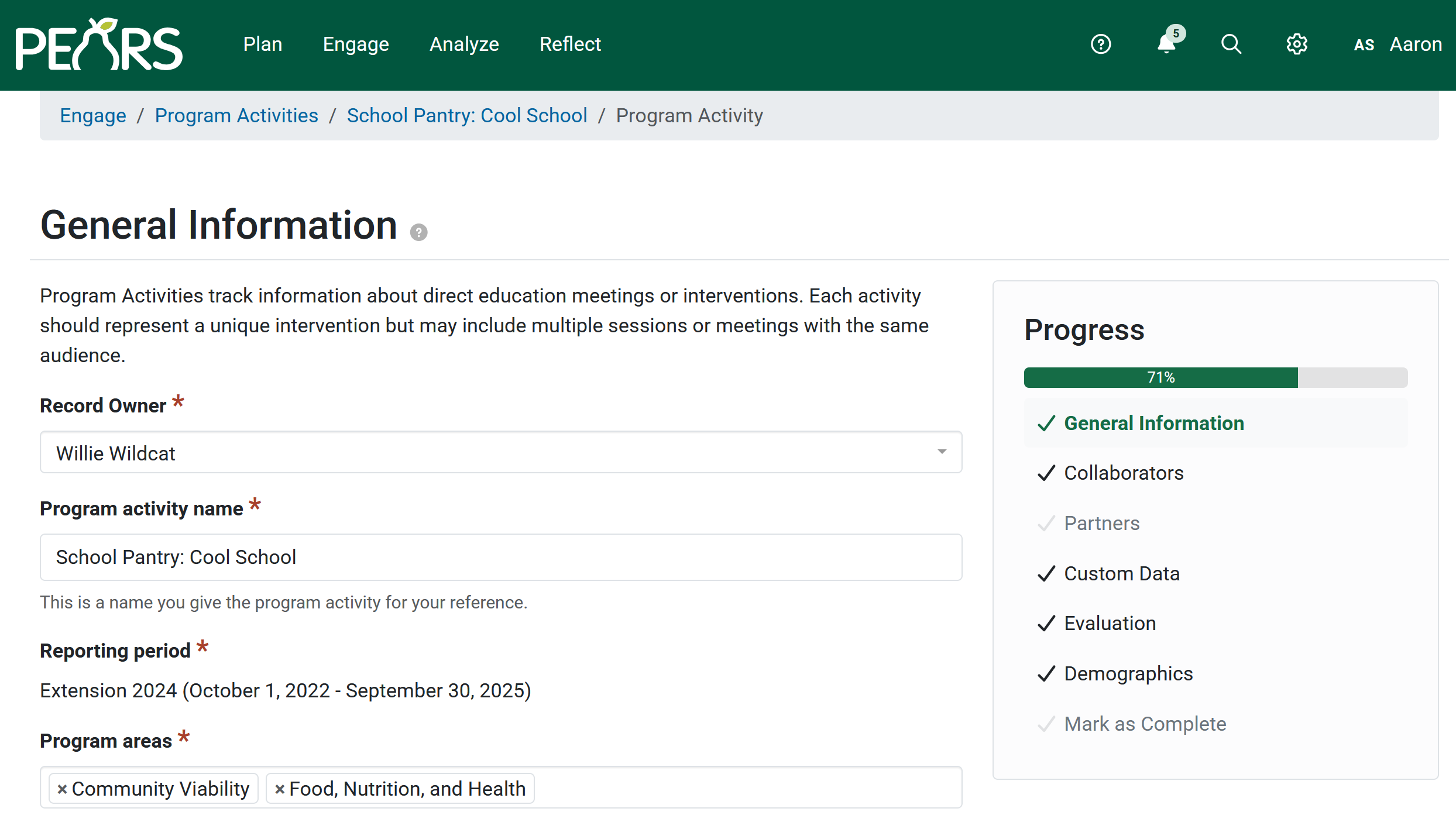 Screenshot of the PEARS general information page in Program Activities